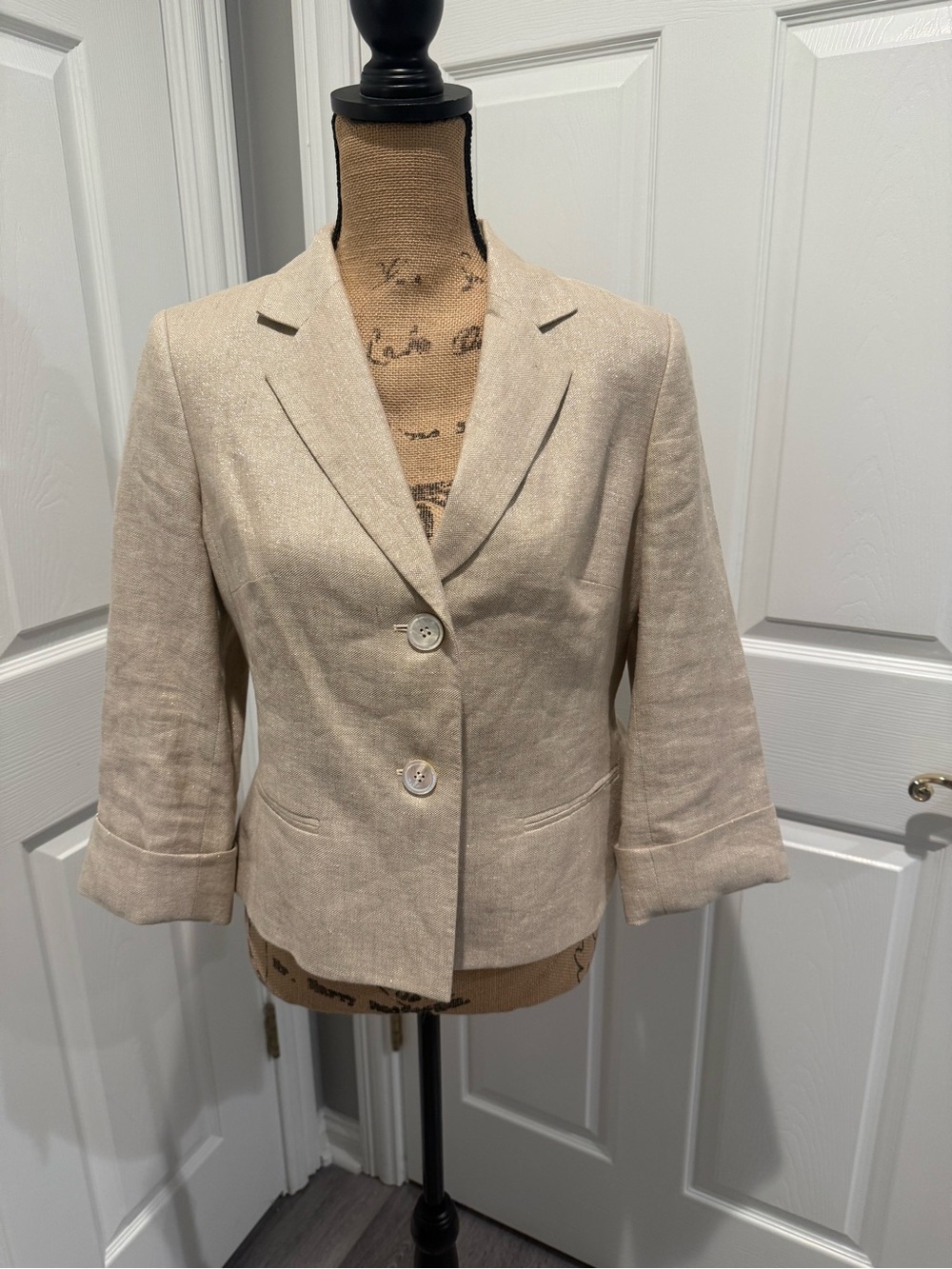 Talbots Tan and Metallic Gold Woven Linen-Blend Cropped Blazer